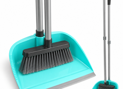 Stoffer en Blik met Steel - Stofblik op Steel - Set van 12 stuks - 6 Turquoise en 6 Grijs - Lobbyset met Bezem