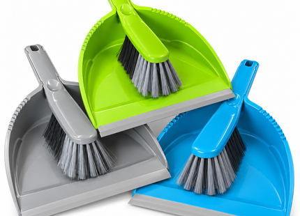 Stoffer en Blik – 12 Complete Sets – Blauw, Groen en Grijs – Handveger met Stofblik – Ophangbaar